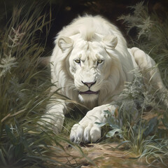 white lion crouching low in the grass, preparing to pounce on its prey 
