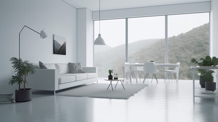 Scandinavian living room, simple white space with minimal accents, winter forest visible through large vindows, AI generative modern stylish interior Generative AI