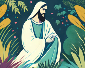 An illustration of Jesus Christ kneeling in a garden, simple print making style, post processed generative AI art