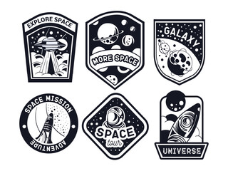 Space labels black and white set. Planets, galaxies and universes. Astrology and astronomy, scientific research. Rocket and galaxy. Cartoon flat vector illustrations isolated on white background