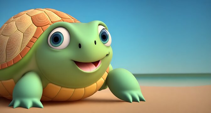 A cute cartoon turtle sitting on the sand with a big smile on its face, surrounded by blue sky