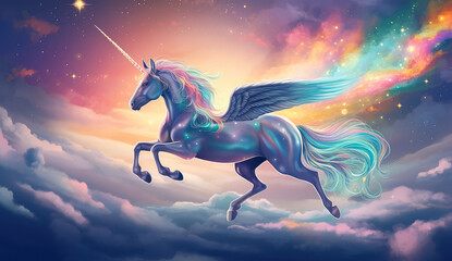 Obraz na płótnie Canvas Artistic illustration of a unicorn flying through clouds and stars. Generative AI