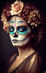 A woman with a sugar skull make - up and flowers in her hair. AI generative. Generative AI
