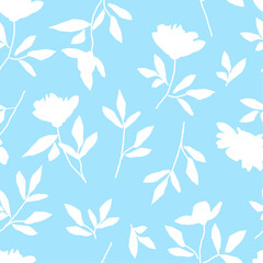 Minimal floral seamless pattern, simple white flowers on blue background