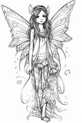 A girl with a butterfly wings and a dress. AI generative. Coloring book pattern Generative AI