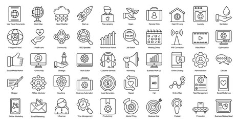 Digital Nomad Thin Line Iconset Freelancer Affiliate Marketing Outline Icon Bundle in Black