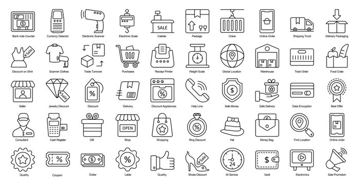 Fair Trade Thin Line Iconset Food Service Outline Icon Bundle in Black