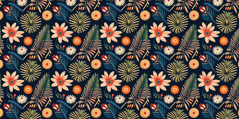 Beach cheerful seamless pattern wallpaper of leaves and flower background. Vector illustration of a seamless textile and fashionable colorful tropical floral pattern. © Massivein2Passive