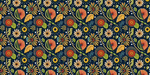 Beach cheerful seamless pattern wallpaper of leaves and flower background. Vector illustration of a seamless textile and fashionable colorful tropical floral pattern.