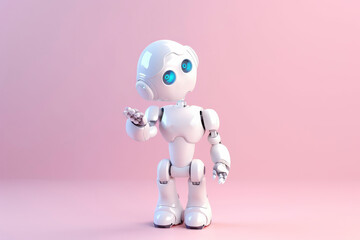 Cute robot showing stop gesture on pink background. Generative AI