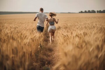 Happy couple running in wheat field. Generative AI