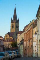 Fototapeta na wymiar Image of streets of Sibiu with view of Cathedral in Romania.