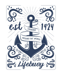 Sail label banner. Anchor with inscription. Travel around world by ocean or sea. Summer season symbol. Boat and ship. Graphic element for website. Cartoon flat vector illustration