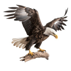 an isolated bald eagle (Haliaeetus leucocephalus) , flying in motion and in landing on a branch, Wildlife-themed, photorealistic illustration on a transparent background cutout in PNG. Generative AI
