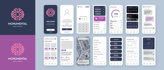 UI UX mobile app design template with pink logo and violet background. Include main screen, login, menu, credit cards, chat, charts, shop, calendar and map. - obrazy, fototapety, plakaty