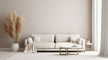 A Scandinavian-style living room interior mockup featuring a modern background, highlighted by a beige sofa and elegant pampas grass.
