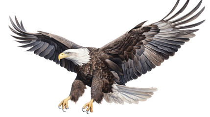 an isolated bald eagle (Haliaeetus leucocephalus) , flying in motion and in landing on a branch, Wildlife-themed, photorealistic illustration on a transparent background cutout in PNG. Generative AI - Powered by Adobe