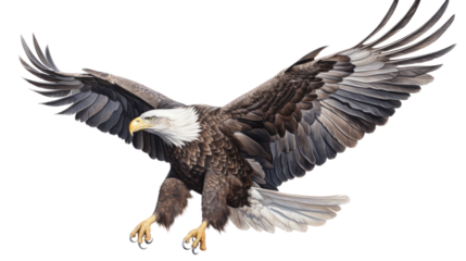 an isolated bald eagle (Haliaeetus leucocephalus) , flying in motion and in landing on a branch, Wildlife-themed, photorealistic illustration on a transparent background cutout in PNG. Generative AI