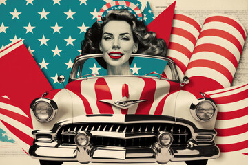 Happy american woman flag and retro car. 4th of July Independence Day patriotic collage. Generative AI