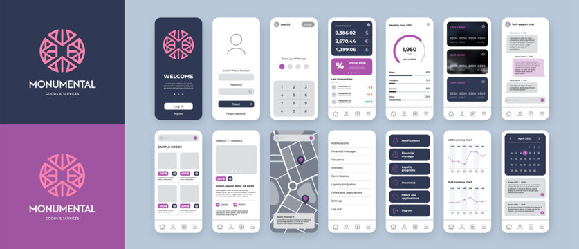 UI UX mobile app design template with pink logo and violet background. Include main screen, login, menu, credit cards, chat, charts, shop, calendar and map.