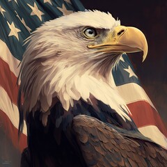 a bald eagle portrait (Haliaeetus leucocephalus),  an American Flag, patriotic, freedom, Independence Day,  Wildlife-themed, photorealistic illustration on a white background, in a JPG. Generative AI