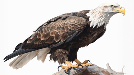 Obraz premium an isolated bald eagle (Haliaeetus leucocephalus) , sitting on a branch, preservation, Wildlife-themed, photorealistic illustration on a white background, in a JPG. Generative AI