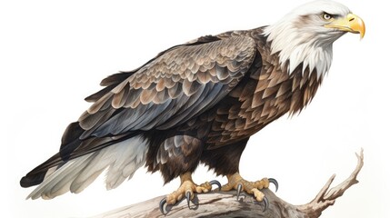 an isolated  bald eagle (Haliaeetus leucocephalus) , sitting on a branch, preservation, Wildlife-themed, photorealistic illustration on a white background, in a JPG. Generative AI