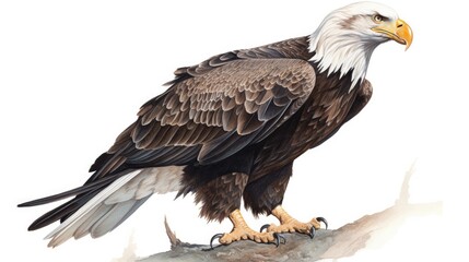 Obraz premium an isolated bald eagle (Haliaeetus leucocephalus) , sitting on a branch, preservation, Wildlife-themed, photorealistic illustration on a white background, in a JPG. Generative AI