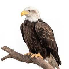 Obraz premium an isolated bald eagle (Haliaeetus leucocephalus) , sitting on a branch, preservation, Wildlife-themed, photorealistic illustration on a white background, in a JPG. Generative AI