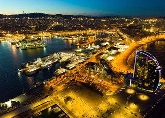 Naklejka premium Evening view of Barceloneta and Port Vell. Barcelona. Spain