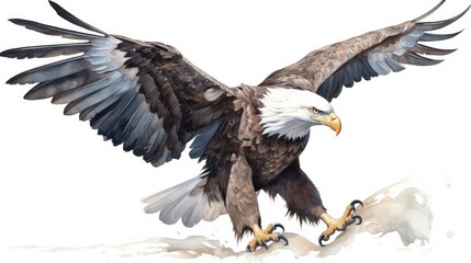 an isolated Bald Eagle in flight, majestic American symbol, Landing, Wildlife-themed, photorealistic illustration on a transparent background cutout in JPG. generative ai