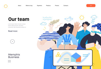 Memphis business illustration - our team, header. Flat style modern outlined vector concept illustration. Group of people, creaw, standing together. Corporate teamwork business metaphor.