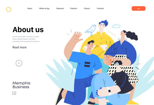 Memphis business illustration - our team, header. Flat style modern outlined vector concept illustration. Group of people, creaw, standing together. Corporate teamwork business metaphor.