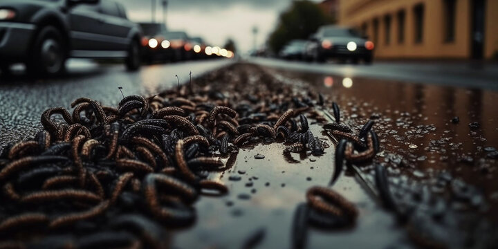 Viele Regenwürmer auf der Straße als Plage, ai generativ