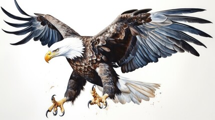 an isolated Bald Eagle in flight, majestic American symbol, Landing, Wildlife-themed, photorealistic illustration on a transparent background cutout in JPG. generative ai