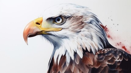 Fototapeta premium a Bald Eagle portrait, in a watercolor style, perfect for a t-shirt/apparel design. rainforest wildlife, Wildlife-themed, photorealistic illustration on a watercolor background in JPG. generative ai