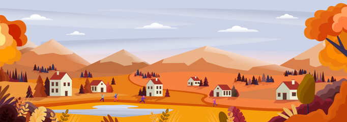 Autumn panorama concept. Fall season and rural landscape. People run near village on lake. Beautiful nature scene and view. Countryside with farm field, mountains. Cartoon flat vector illustration