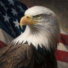 Obraz premium Eagle with American Flag 4th of July, Independence Day, grunge, Patriotic-themed, photorealistic illustrations in JPG. Generative AI