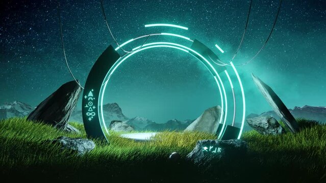 A mysterious ancient Glowing Runestone portal gate glowing at night. 
