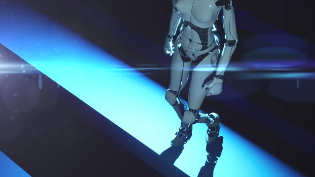 3d render animation of top view at walking female robot on shapes with black background and optical flares loop able