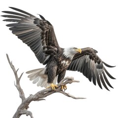 an isolated bald eagle (Haliaeetus leucocephalus) , Landing on a branch, preservation, Wildlife-themed, photorealistic illustration on a white background, in a JPG. Generative AI