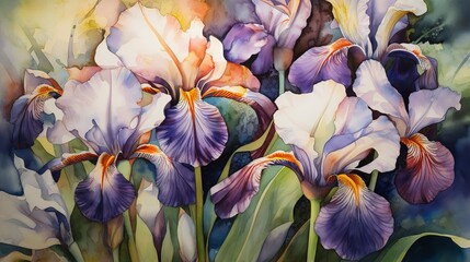 Fototapeta na wymiar Watercolor Irises in Iridescent Splendor