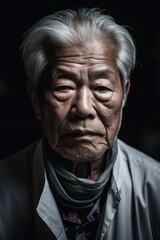 Touching photographic portrait of an old Asian man, capturing his personality and spirit with a humanist approach. Created with generative A.I. technology.