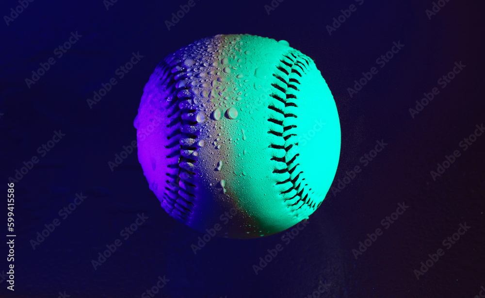 Wall mural neon light on baseball ball closeup for pop art style baseball with water on it for rain game concep - Wall murals