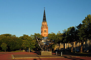Polyfonia Sculpture In Front Of The Cathedral Of Pori Finland On A Beautiful Sunny Summer Day With A Clear Blue Sky