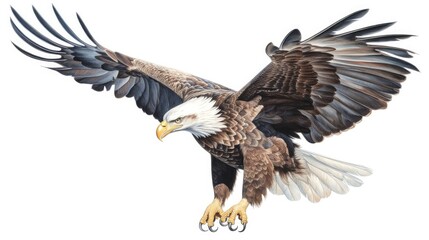 Obraz premium an isolated bald eagle (Haliaeetus leucocephalus) , flying with outstretche wings, majestic, Wildlife-themed, photorealistic illustration on a white and illustrated. JPG. generative ai 