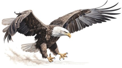  an isolated bald eagle (Haliaeetus leucocephalus) , flying with outstretche wings, majestic,   Wildlife-themed, photorealistic illustration on a white and illustrated. JPG. generative ai 