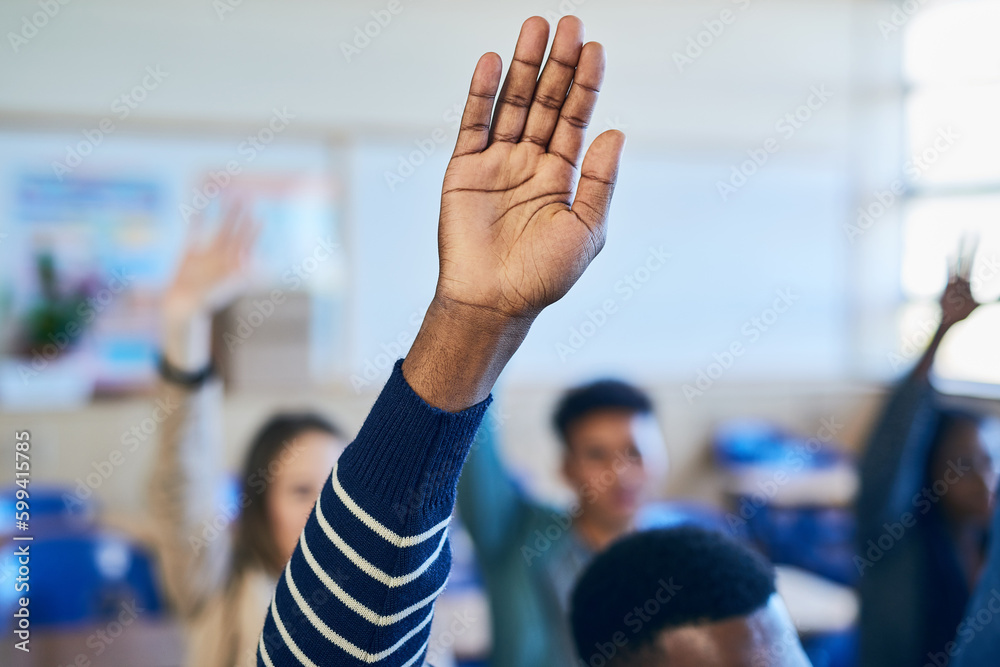 Poster he knows all the answers. an unrecognizable varsity student raising his hand in class.