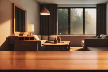 Table top with Blurred sofa Home interior decoration