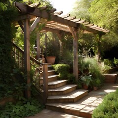 wooden pergola above the garden steps stairs